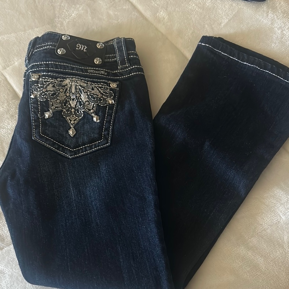 Miss Me Blue Boot Cut Jeans with Rhinestone Embellishments